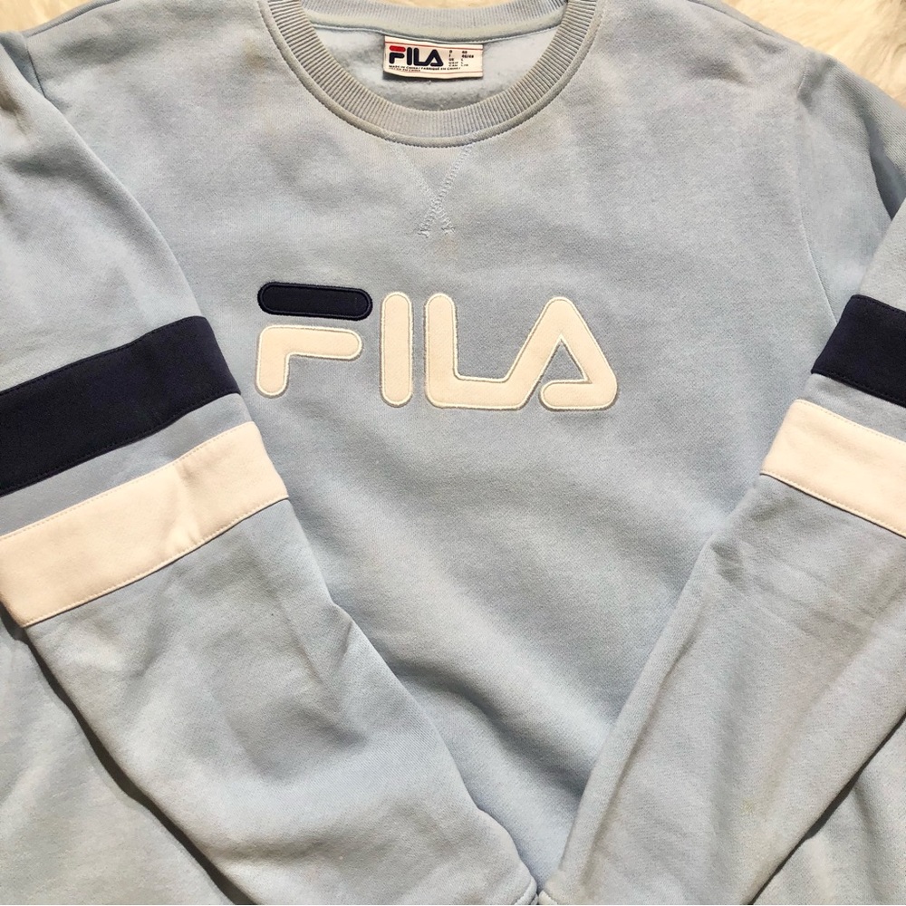 Light blue Fila sweatshirt with embroidered logo Vintage long sleeve white cute